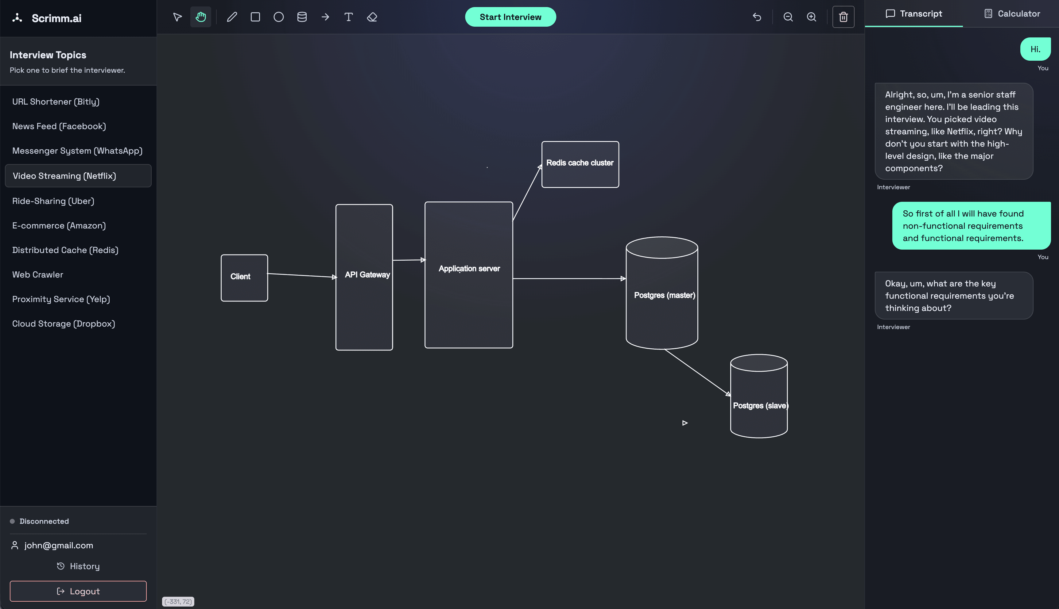 Scrimm.ai Interface showing system design interview whiteboard
